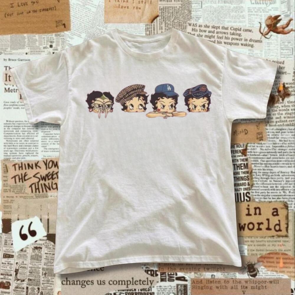 Betty Boop Graphic Tee With Four Cartoon Characters In A Row